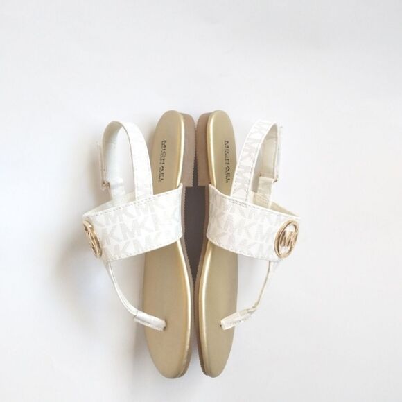 New! MICHAEL KORS Girls Marlie MK Logo T-Strap Sandals Shoe NWOB White Soft Gold - Picture 11 of 13